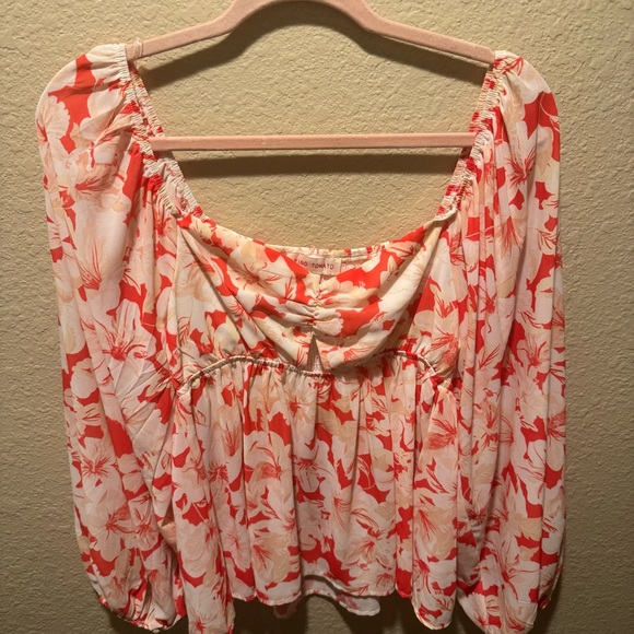 Orange Flowy Floral Puffy Sleeve Size M Scrunch Blouse - Picture 5 of 5
